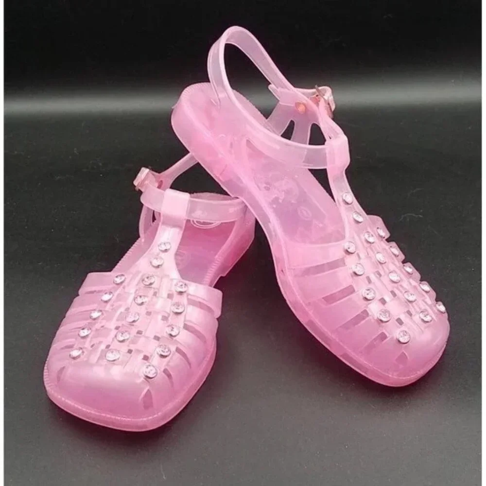 Wonder‎ Nation Girl's Pink Jelly Sandals/Shoes Size 1 With Rhinestones EUC